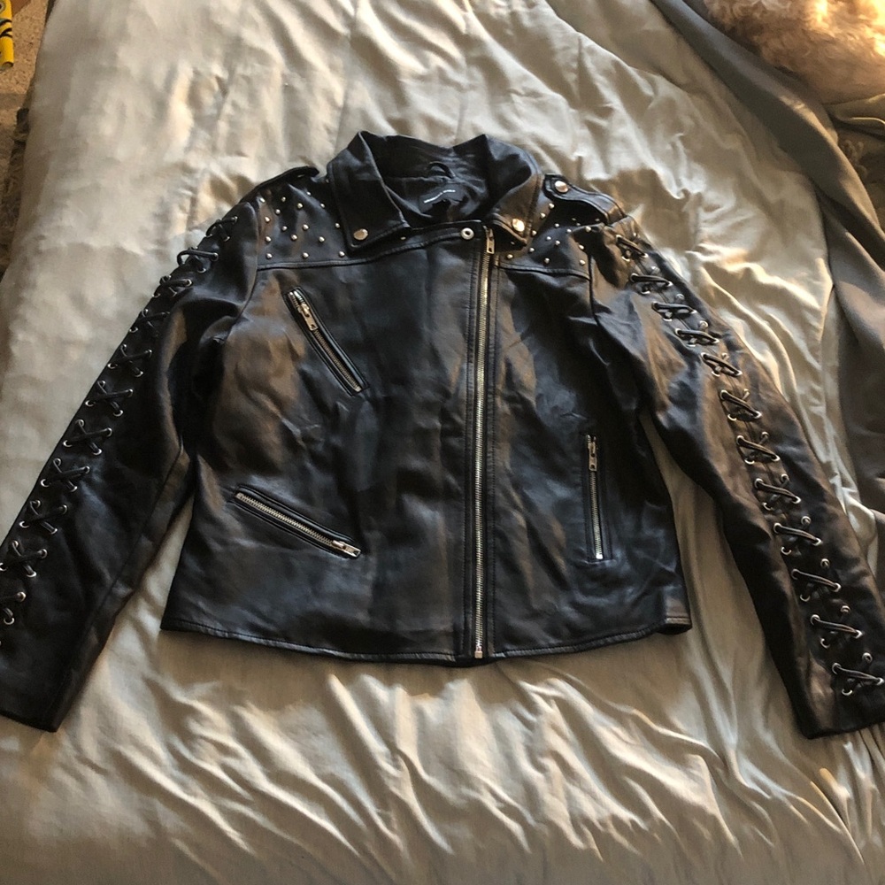 Members Only Black Vegan Leather Jacket with Studded and Lace-Up Details